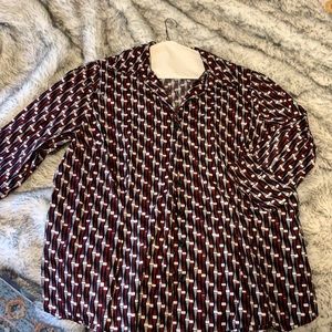 Red/white/black geometric print; button up blouse